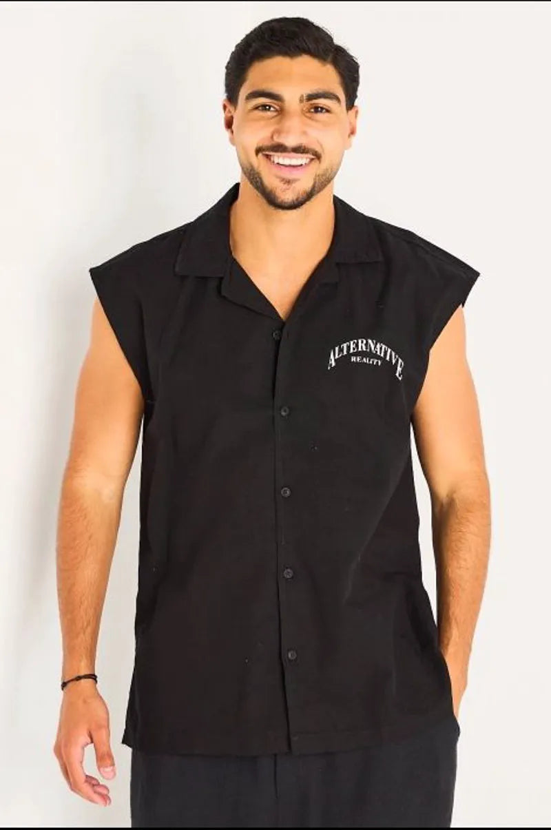 Chemise noire sans manches à inscriptions et empiècement étoile