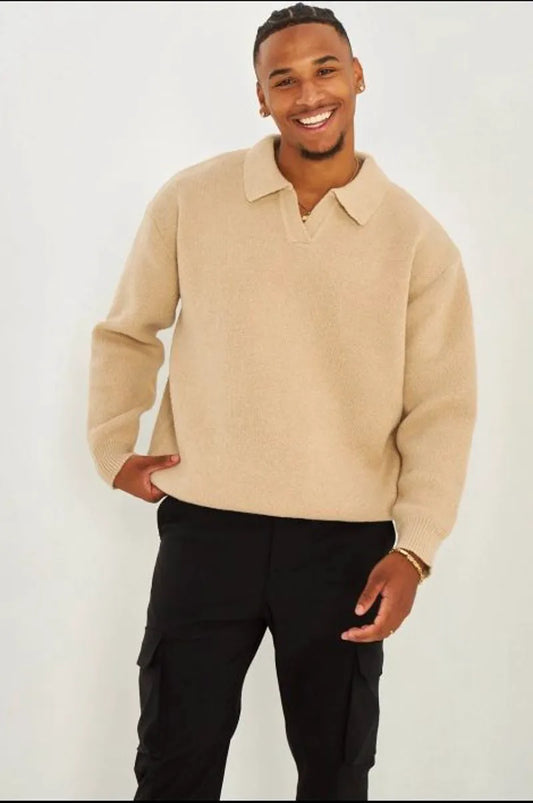 Dark beige oversized fold-over collar sweater