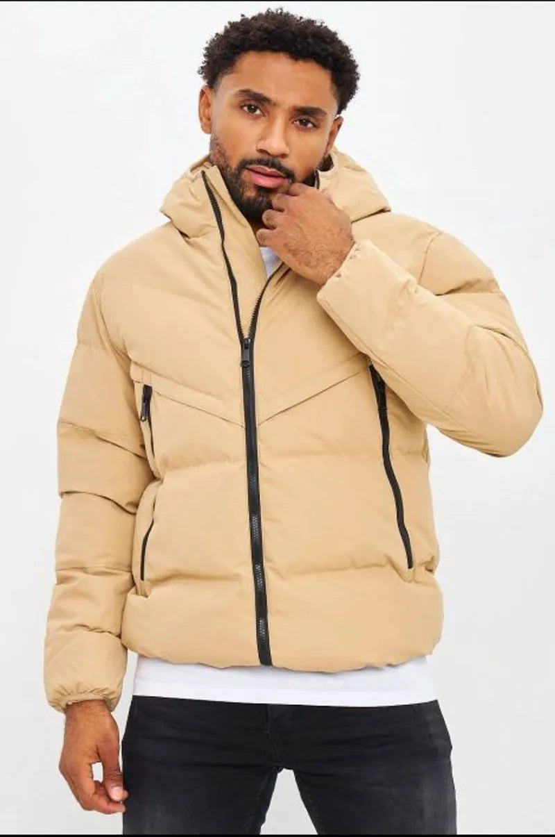 Dark beige quilted hooded down jacket
