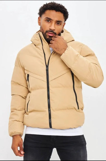 Dark beige quilted hooded down jacket