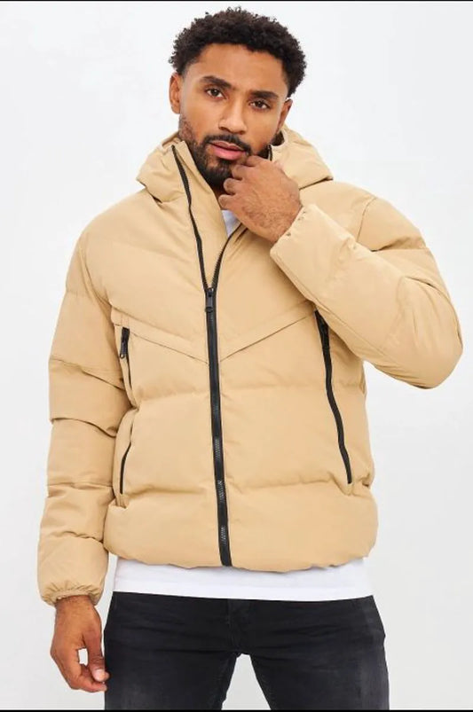 Dark beige quilted hooded down jacket