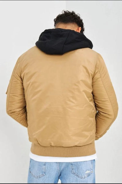 Dark beige thick bomber jacket with detachable black cotton hood