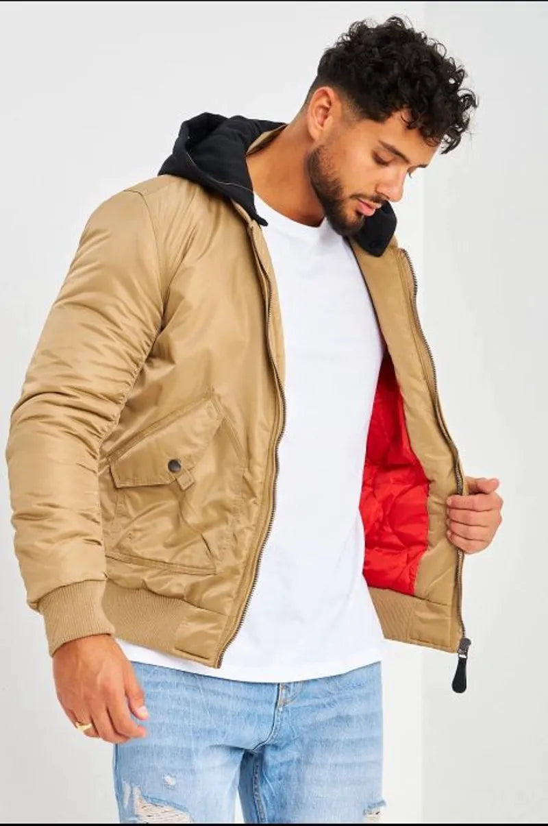 Dark beige thick bomber jacket with detachable black cotton hood