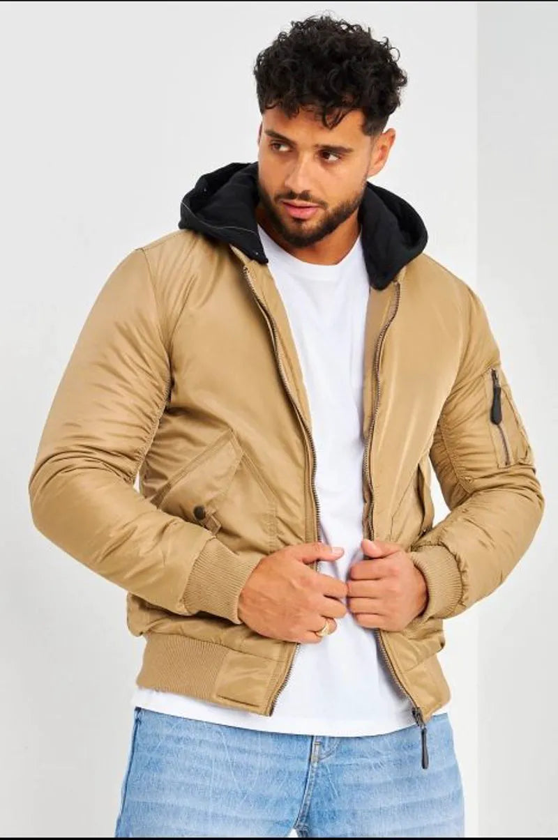 Dark beige thick bomber jacket with detachable black cotton hood