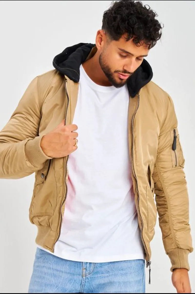 Dark beige thick bomber jacket with detachable black cotton hood
