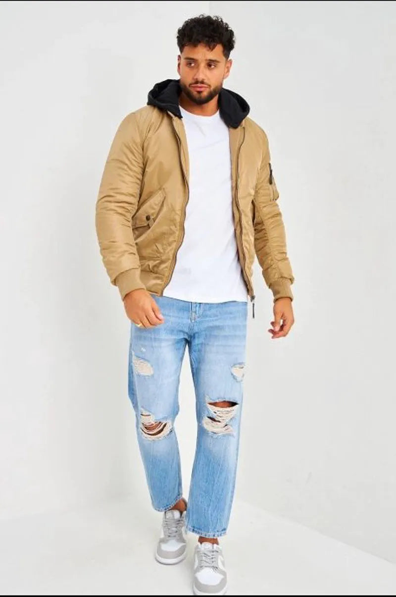 Dark beige thick bomber jacket with detachable black cotton hood