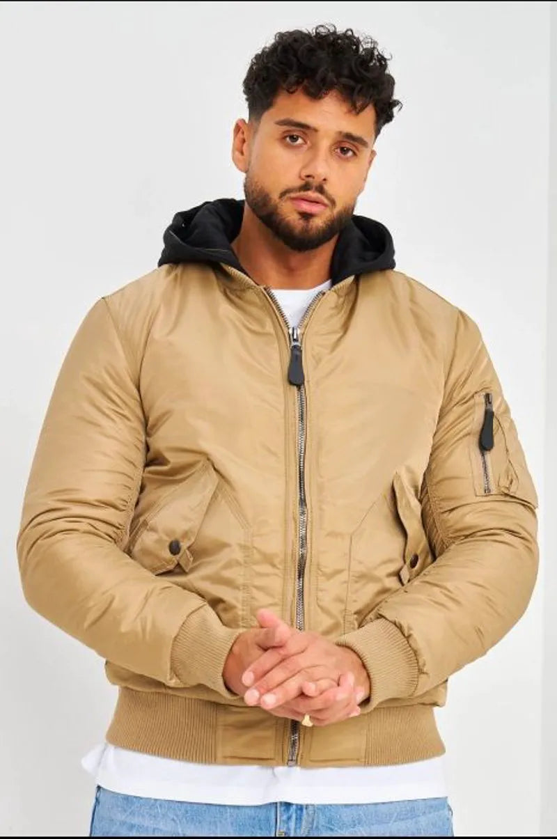 Dark beige thick bomber jacket with detachable black cotton hood