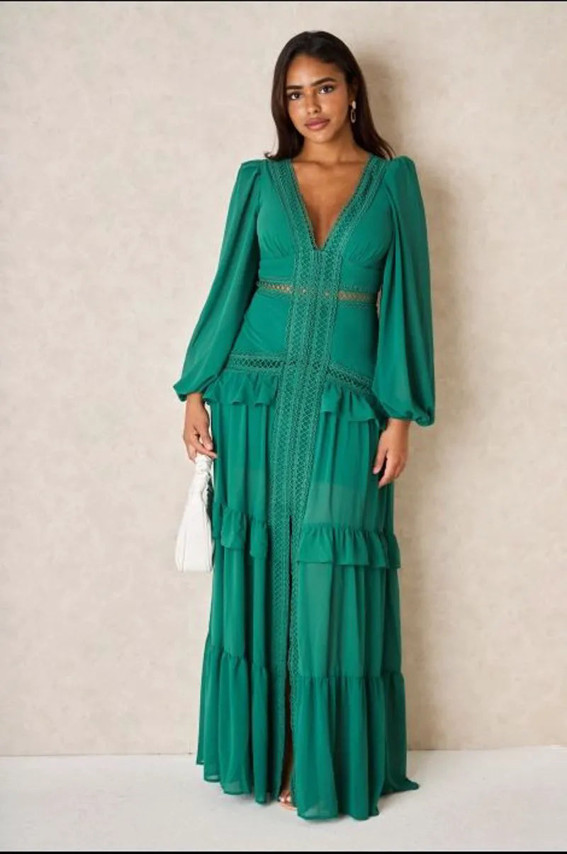 Dark green long dress with crochet yoke