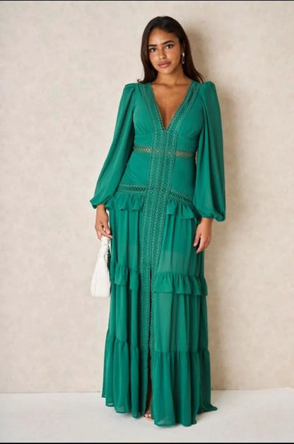 Dark green long dress with crochet yoke