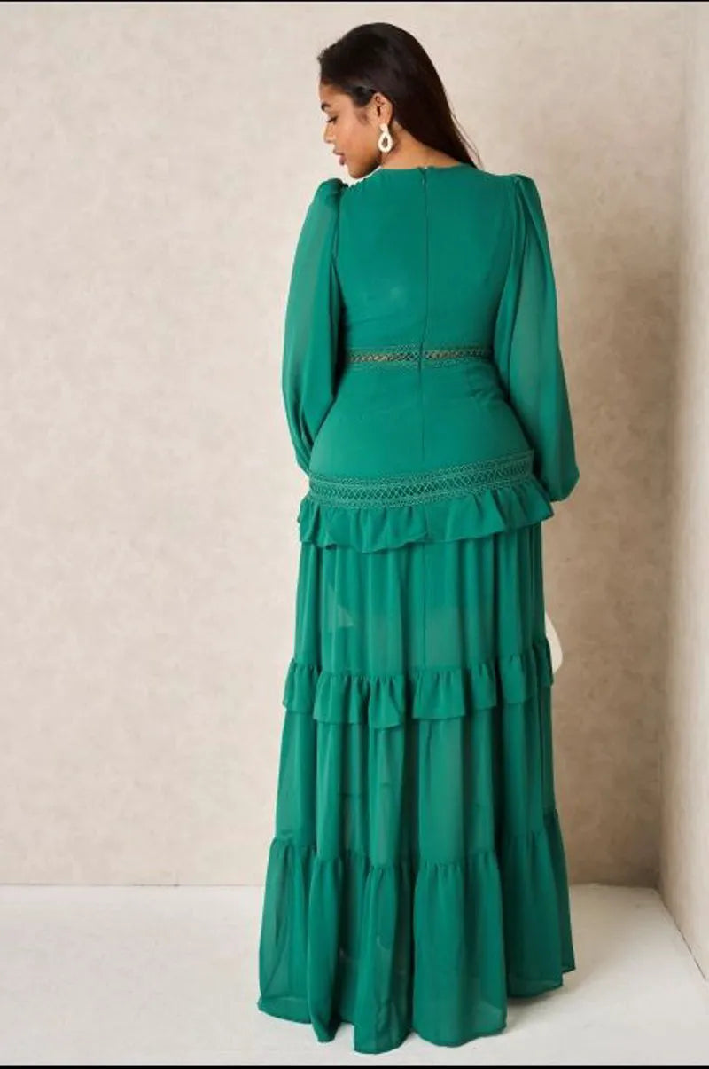 Dark green long dress with crochet yoke