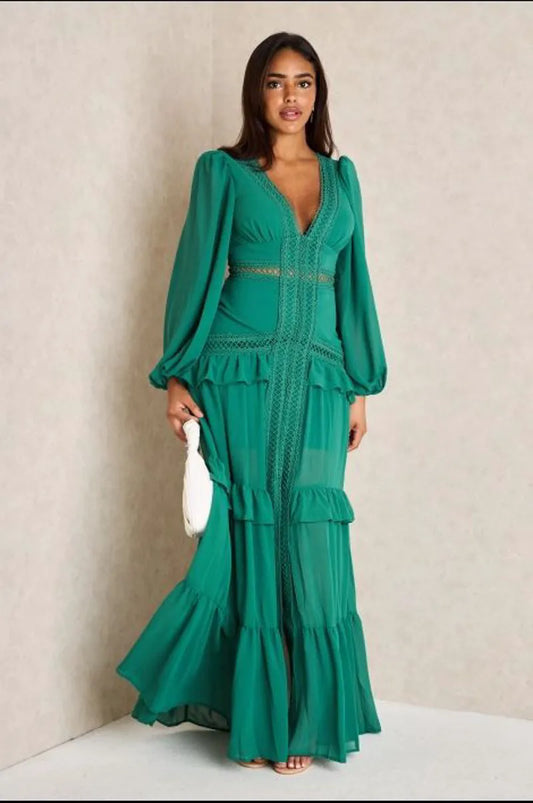 Dark green long dress with crochet yoke