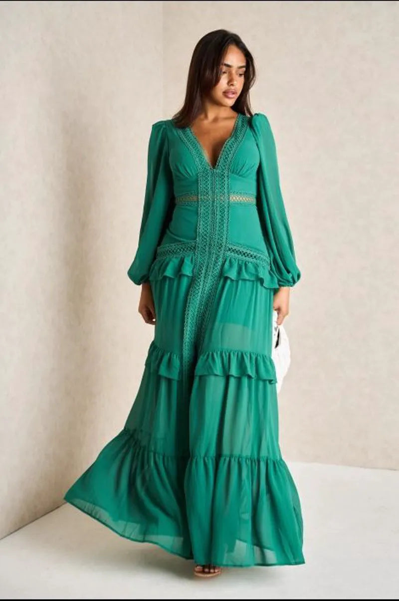 Dark green long dress with crochet yoke