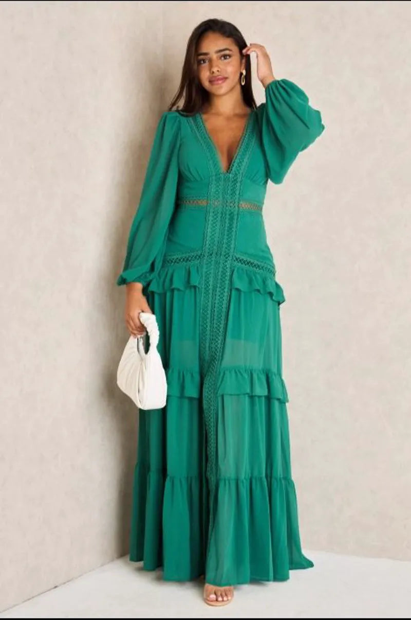 Dark green long dress with crochet yoke