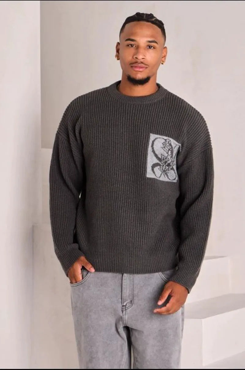 Dark gray knit sweater with logo on the chest and nape