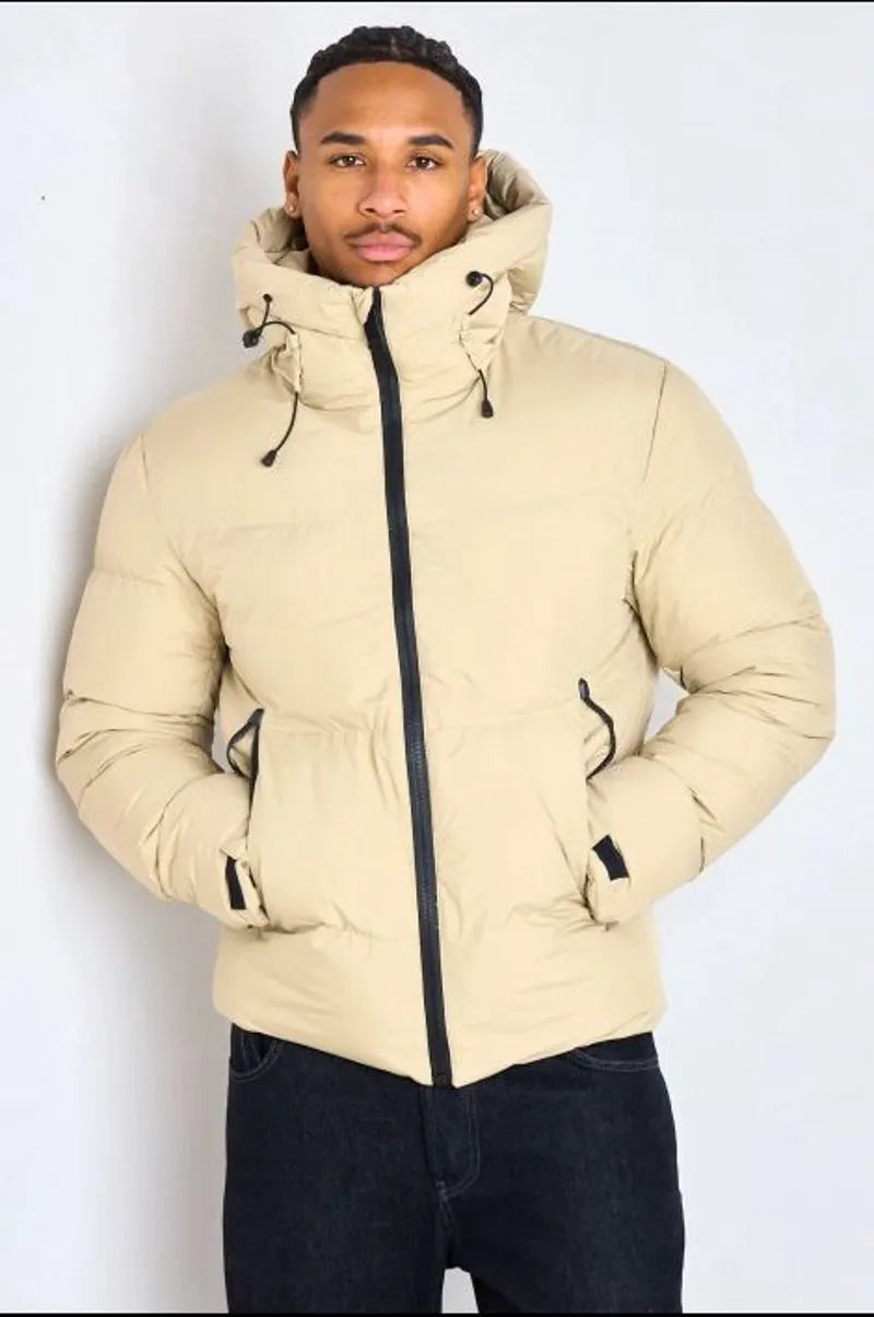 Beige hooded down jacket with black zippers