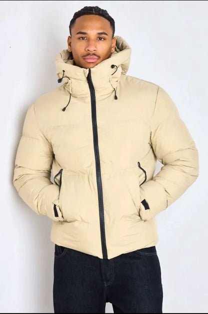 Beige hooded down jacket with black zippers