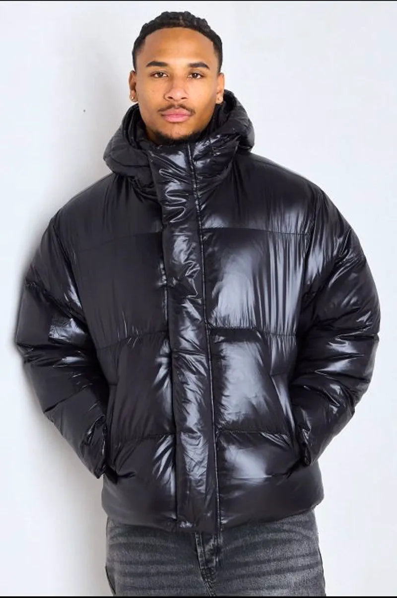 Satin-finish quilted black hooded down jacket
