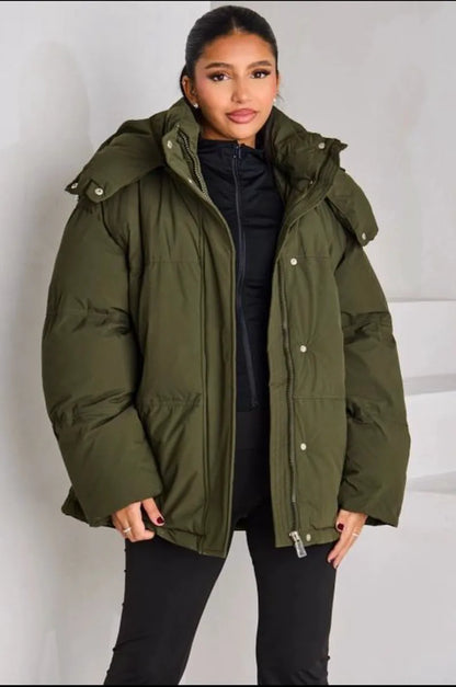 Quilted green hooded down jacket