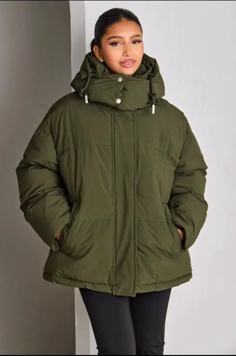 Quilted green hooded down jacket
