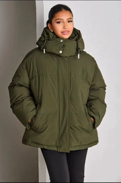 Quilted green hooded down jacket