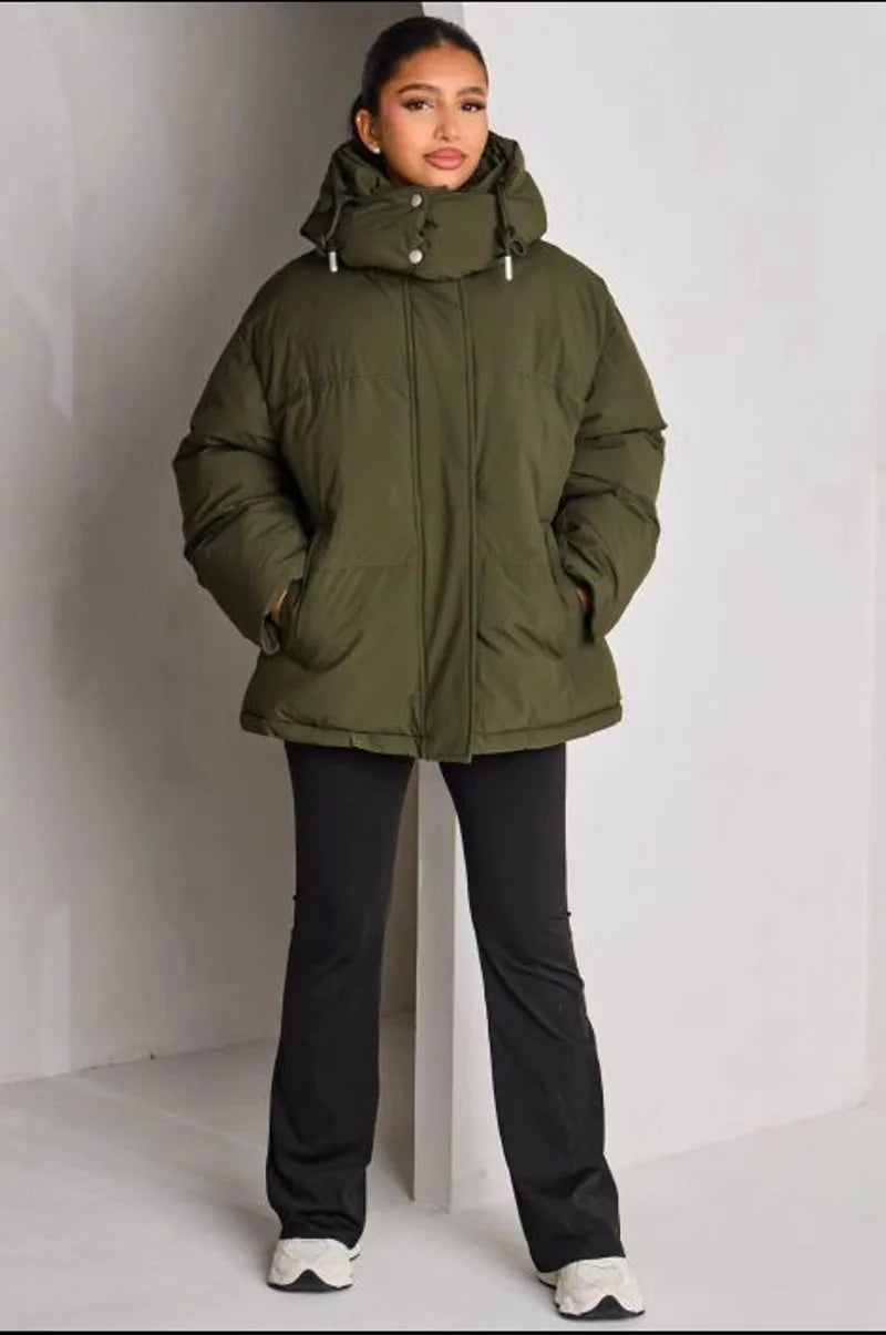 Quilted green hooded down jacket
