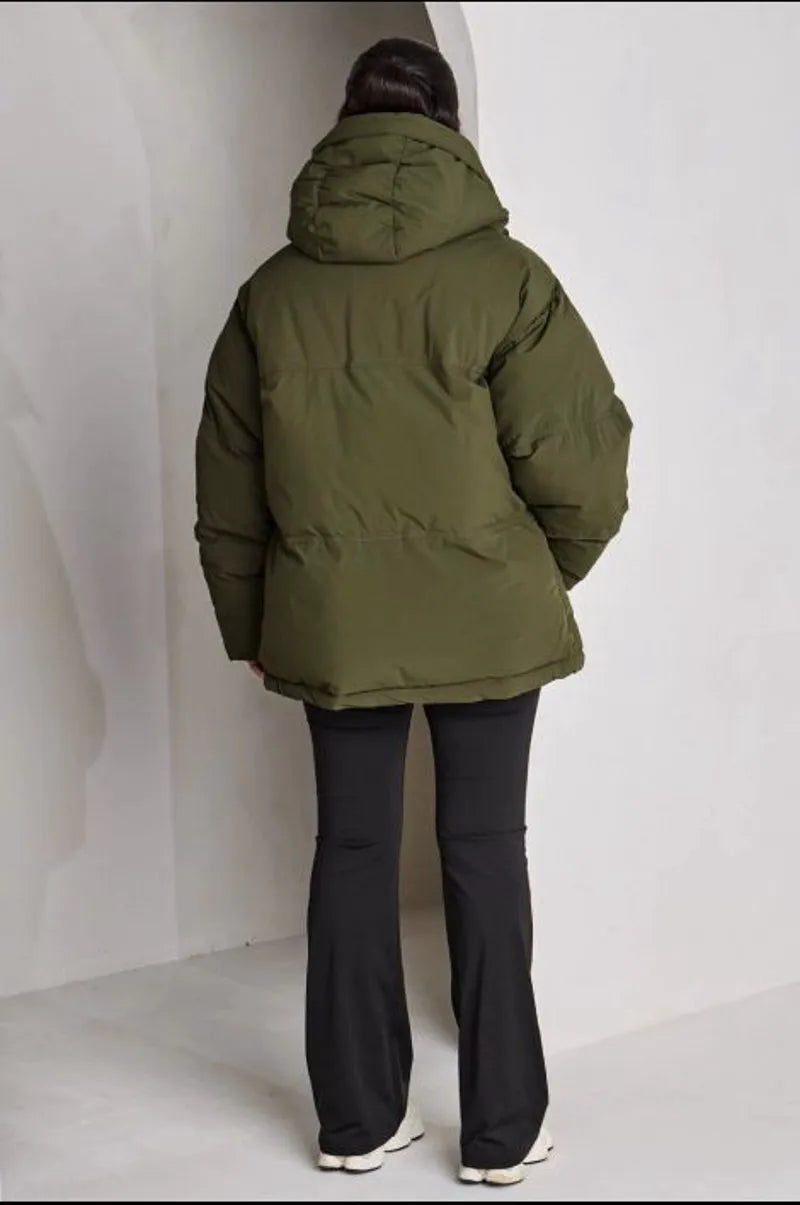 Quilted green hooded down jacket