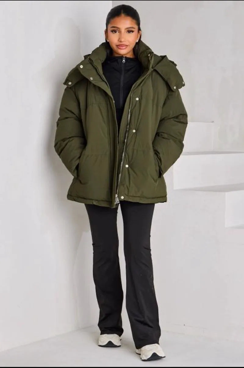 Quilted green hooded down jacket