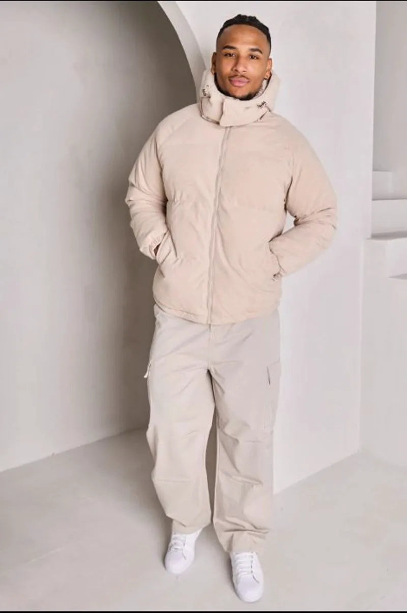 Beige ribbed velvet puffer jacket
