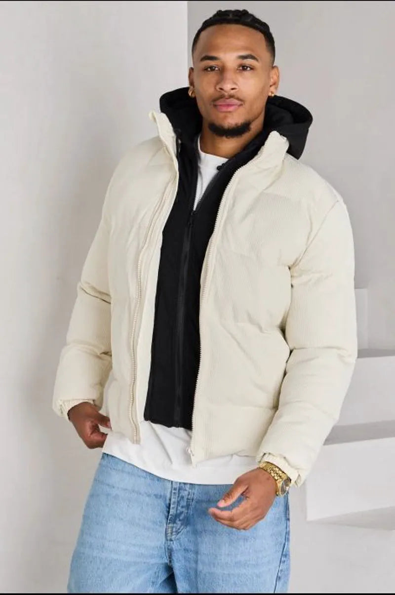 Beige ribbed puffer jacket with sweatshirt panel