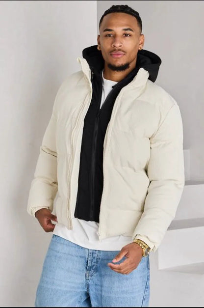 Beige ribbed puffer jacket with sweatshirt panel