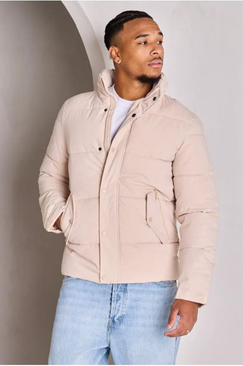 Beige quilted hooded down jacket