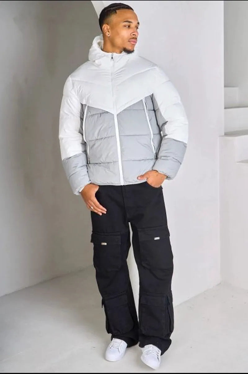 Two-tone white and gray down jacket