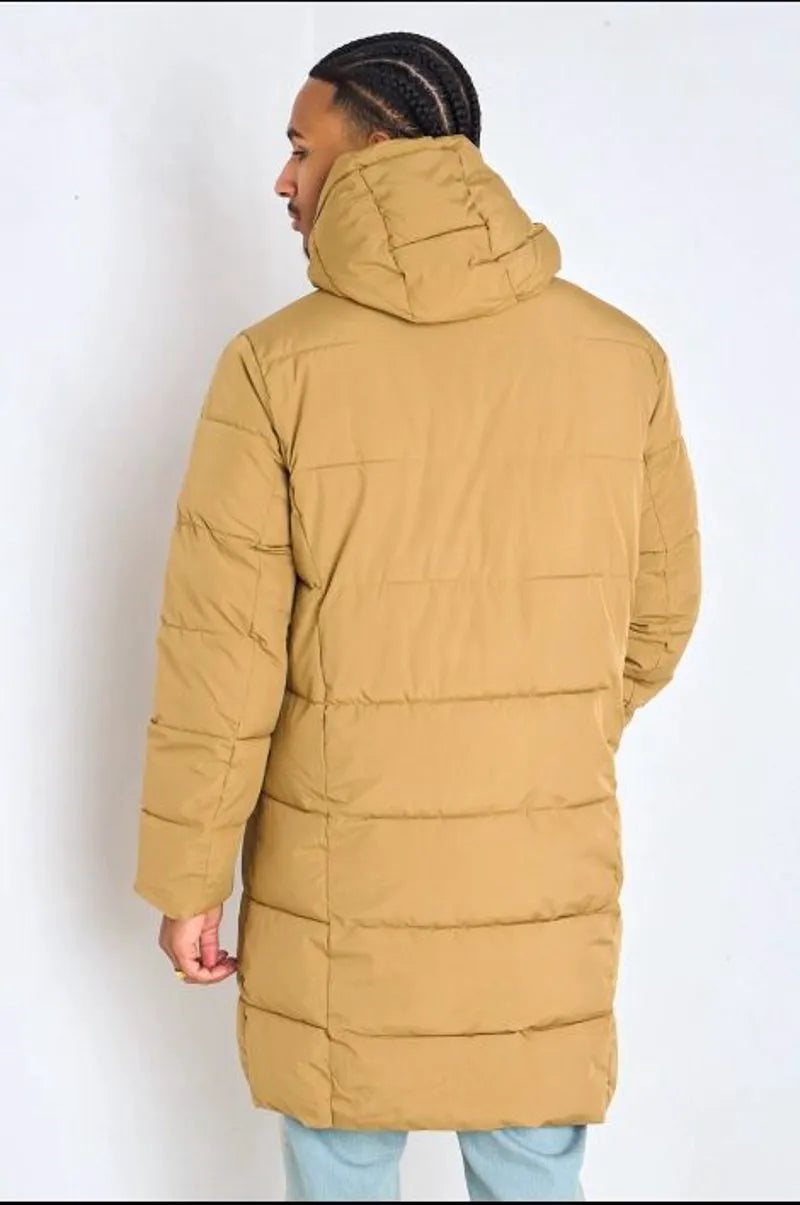 Long quilted camel hooded down jacket