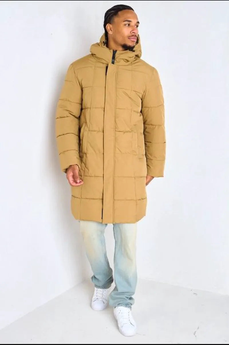 Long quilted camel hooded down jacket