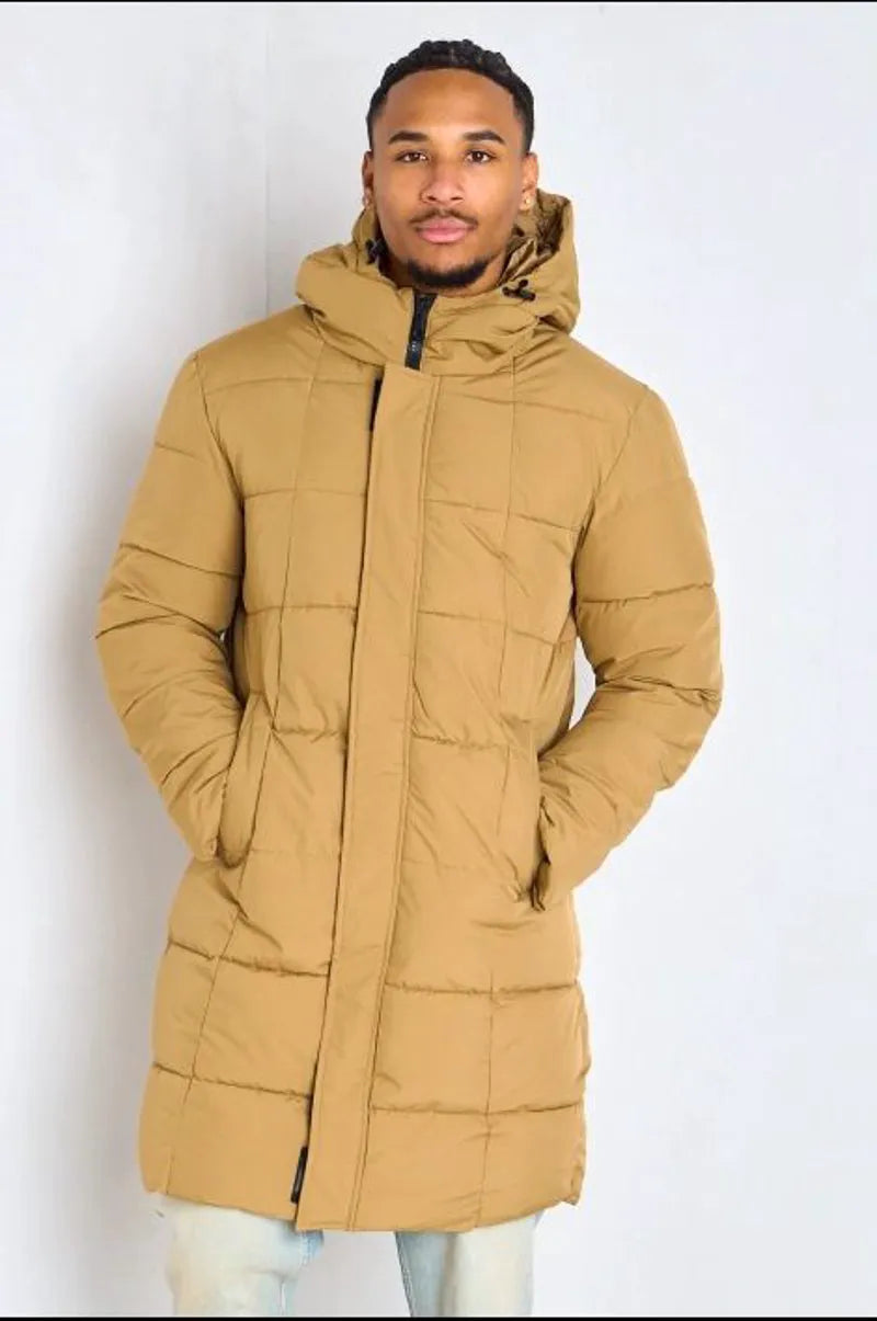 Long quilted camel hooded down jacket