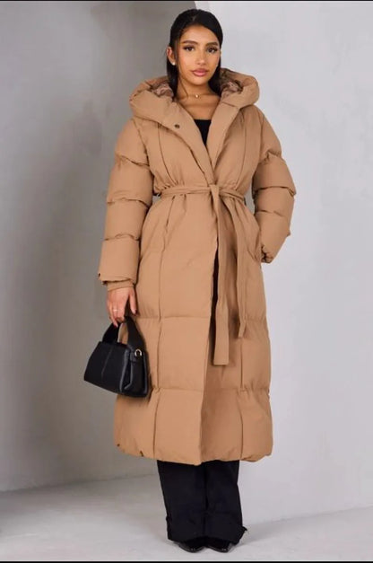 Camel quilted down jacket with belt