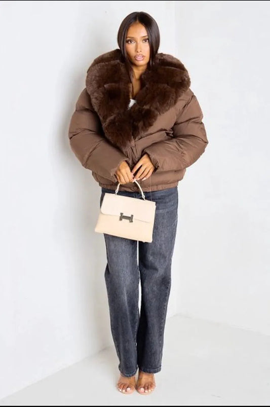 Short brown down jacket with detachable faux fur collar