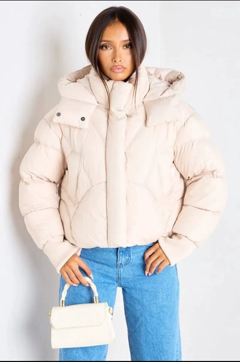 Beige quilted short puffer jacket