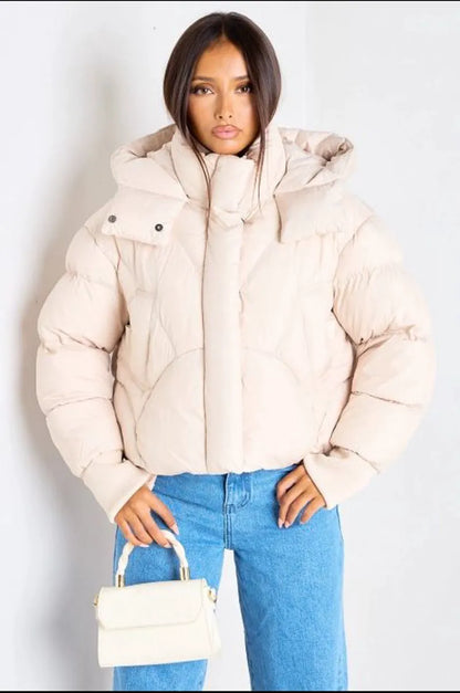 Beige quilted short puffer jacket