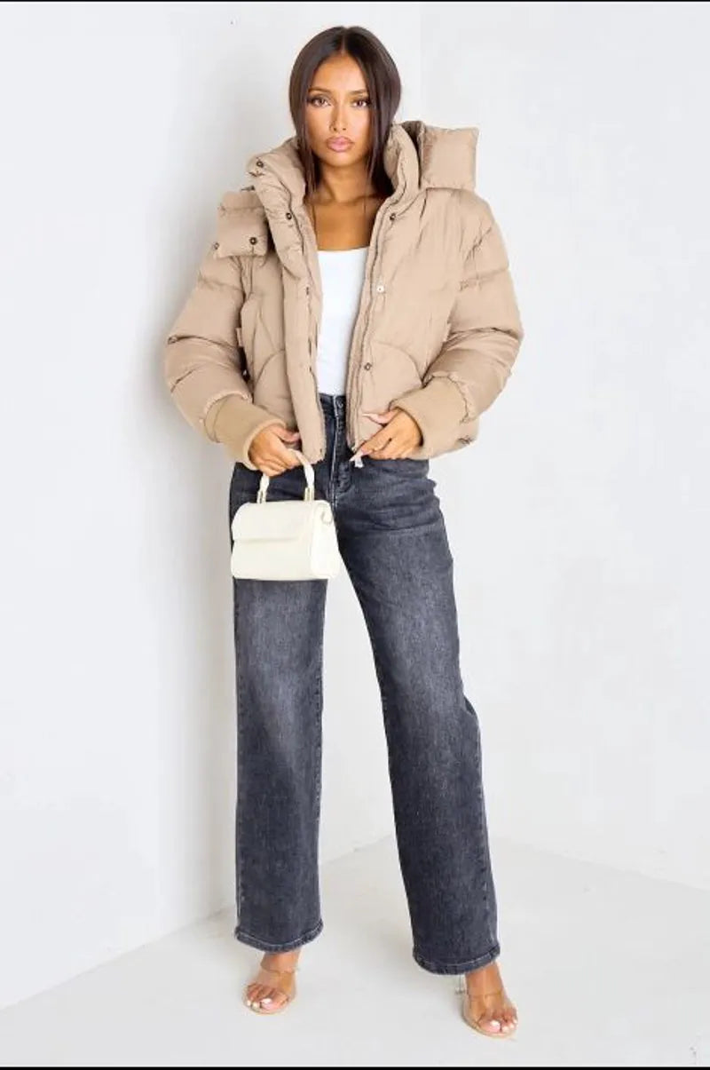 Camel quilted short puffer jacket