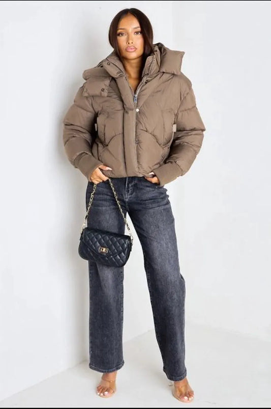 Taupe quilted short puffer jacket