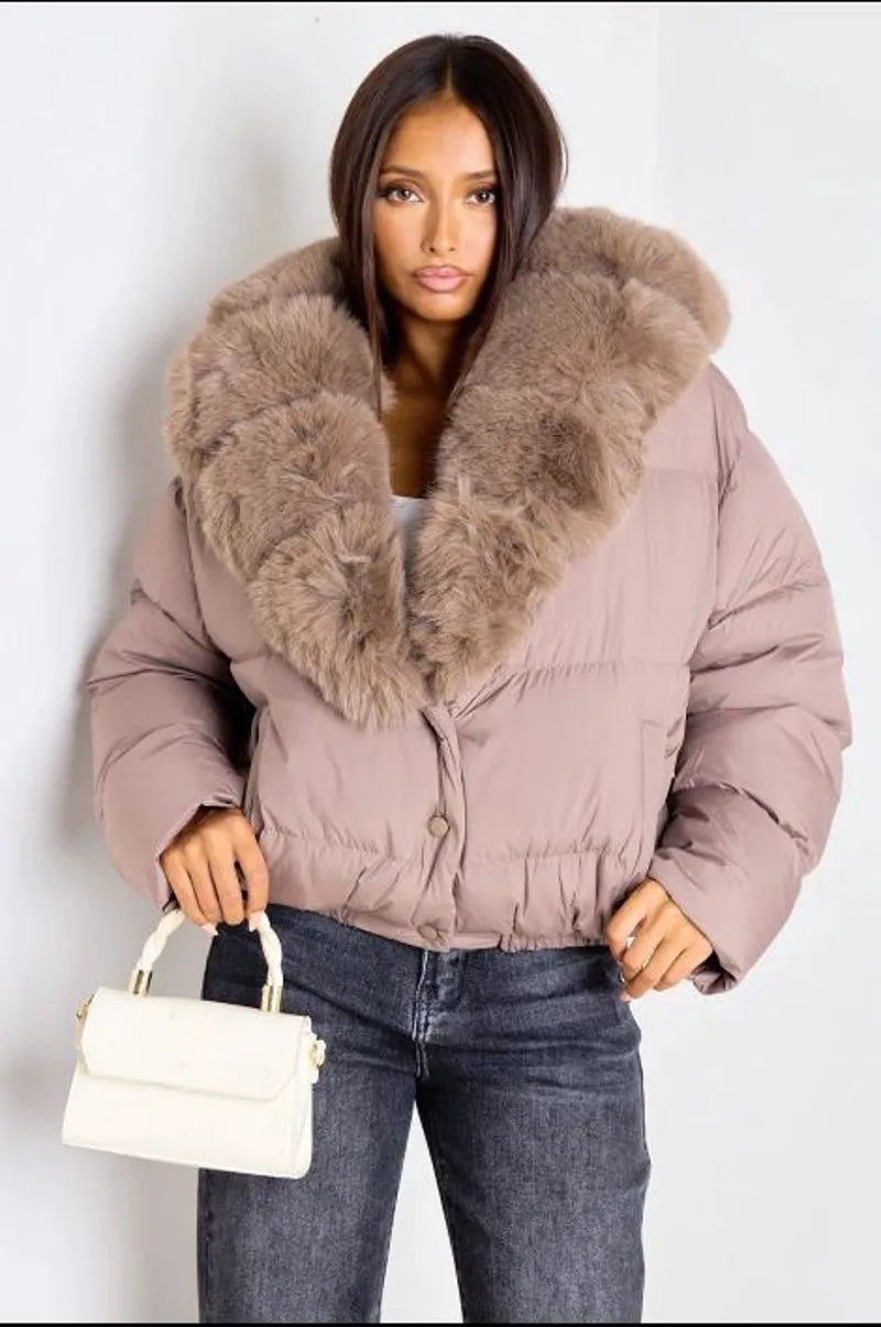 Taupe short puffer jacket with detachable faux fur collar