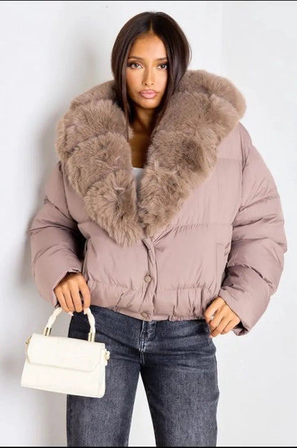Taupe short puffer jacket with detachable faux fur collar