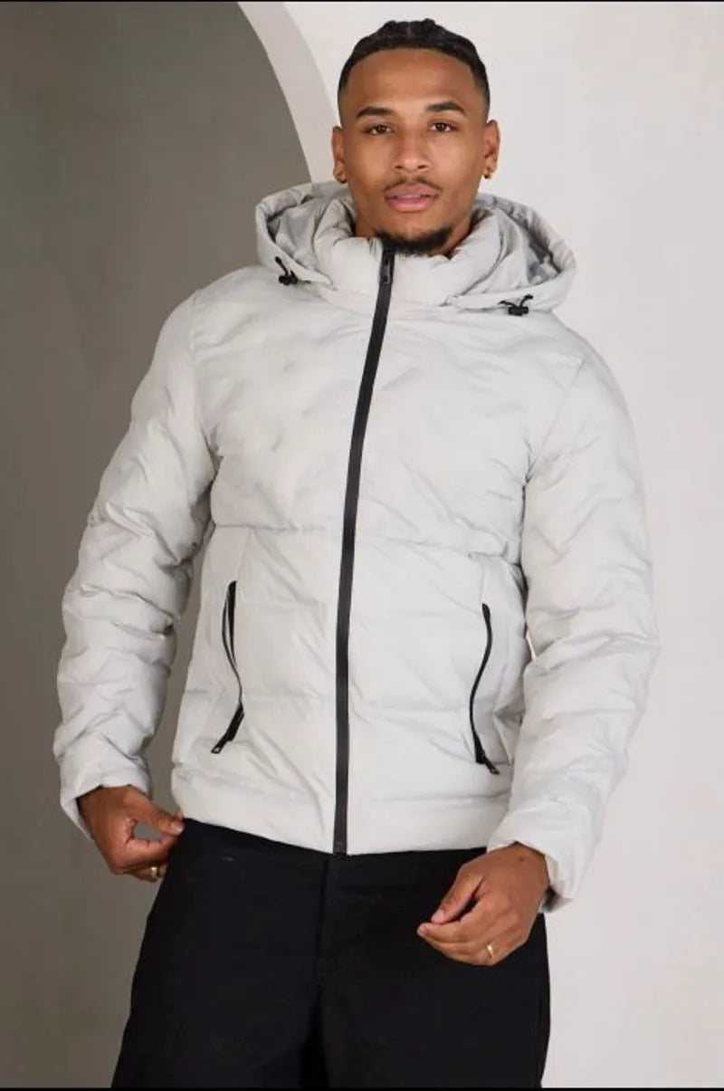 Short quilted gray hooded down jacket