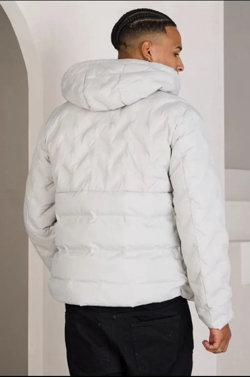 Short quilted gray hooded down jacket