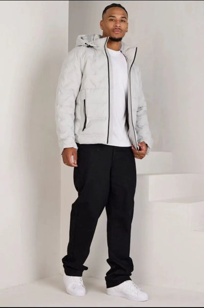 Short quilted gray hooded down jacket