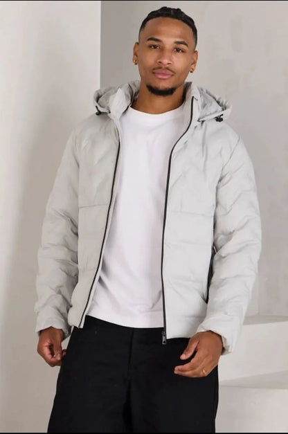 Short quilted gray hooded down jacket