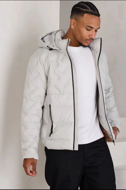 Short quilted gray hooded down jacket