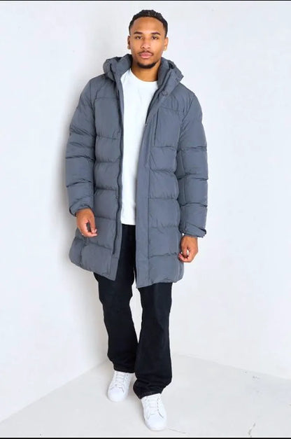 Dark gray long quilted hooded down jacket