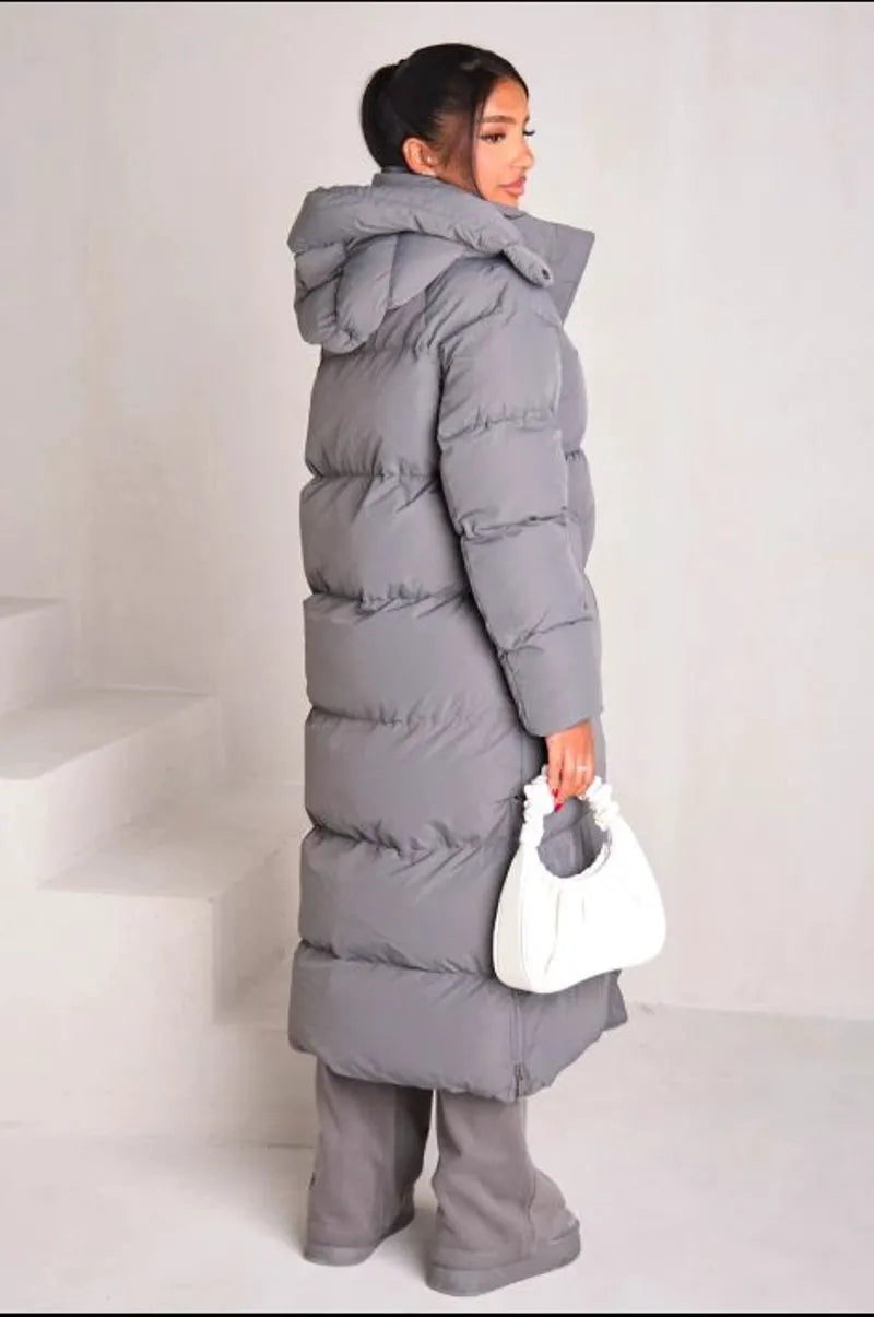 Long quilted gray hooded down coat